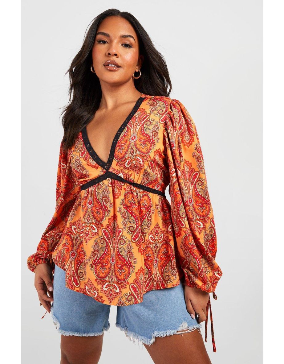 Plus Paisley V Neck Smock Top - orange