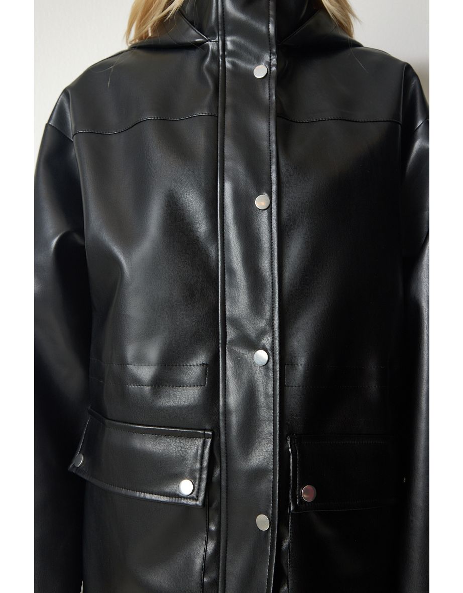 Women's Black Hooded Faux Leather Coat with Pocket - 9