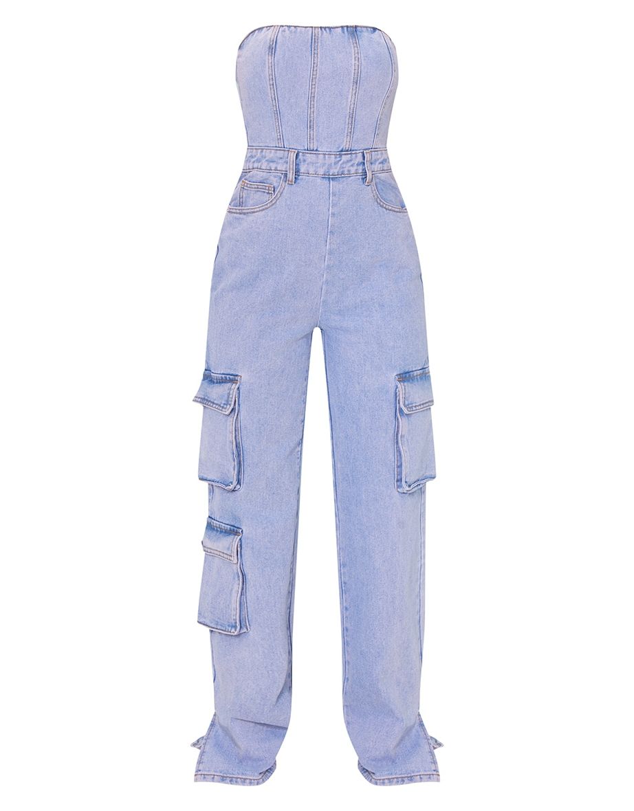 Light Blue Wash Cargo Pocket Bandeau Denim Jumpsuit - 4