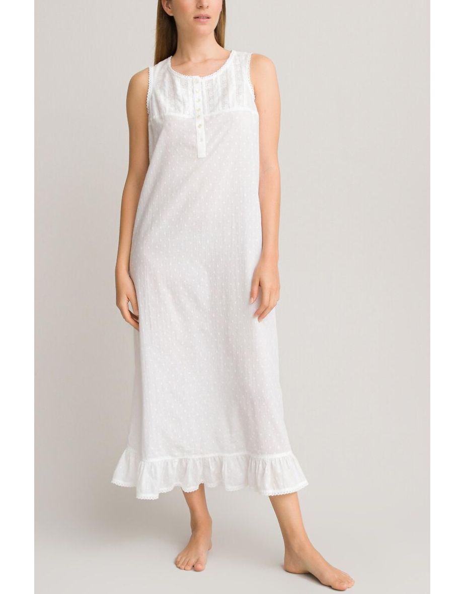 Embroidered Cotton Sleeveless Nightdress with Ruffled Hem