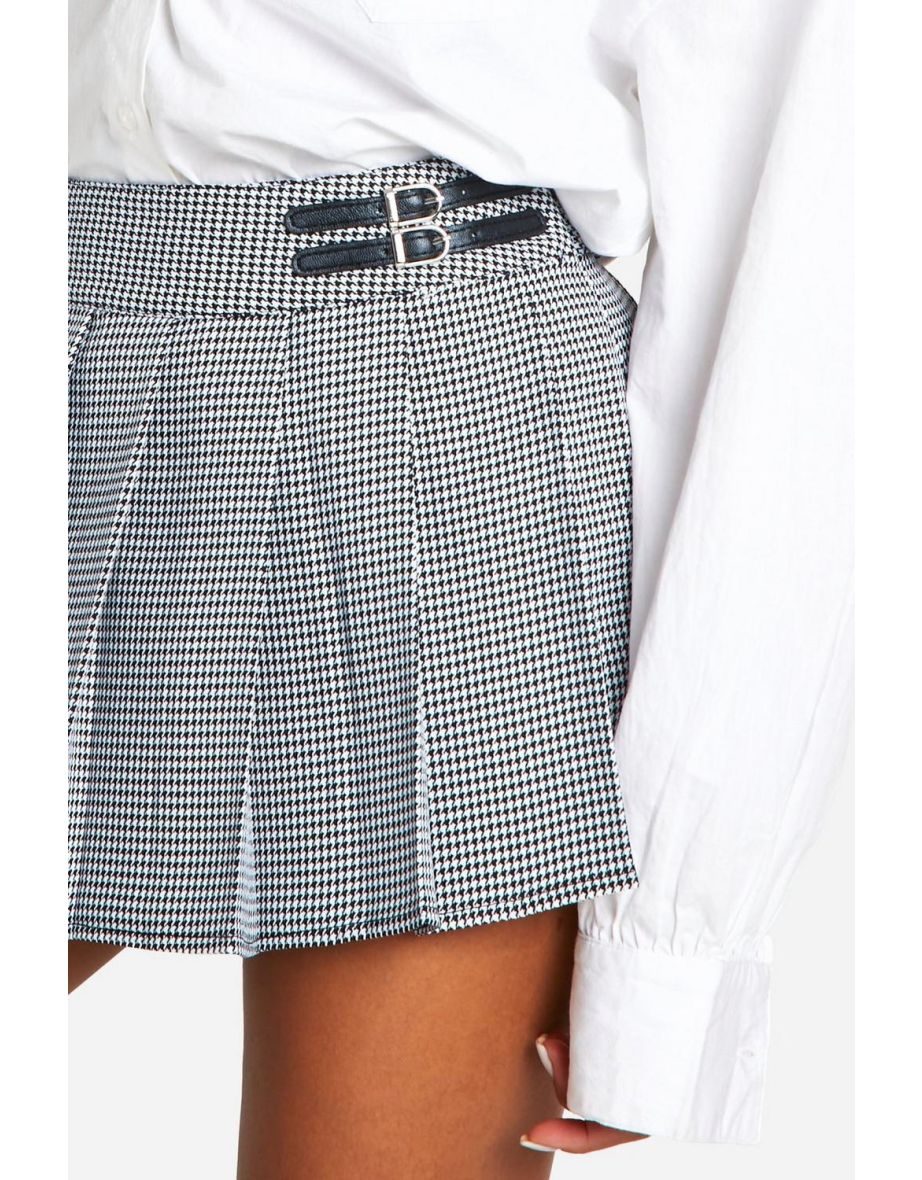 Houndstooth Buckle Detail Pleated Mini Skirt - 3