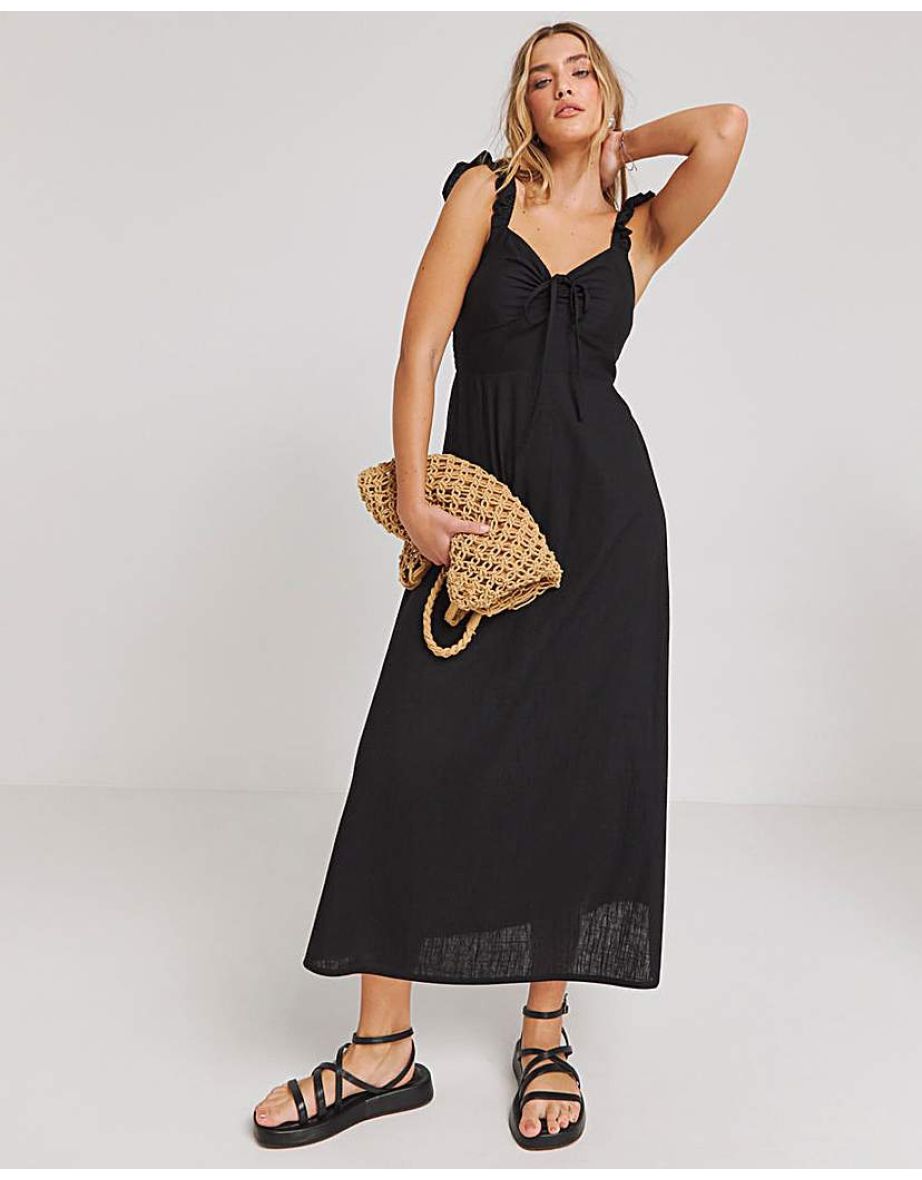 Black Tie Front Linen Blend Slip Dress