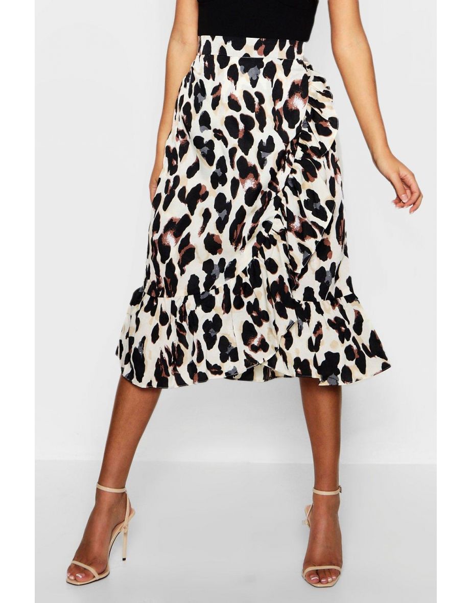 Satin Leopard Ruffle Wrap Midi Skirt - stone - 3