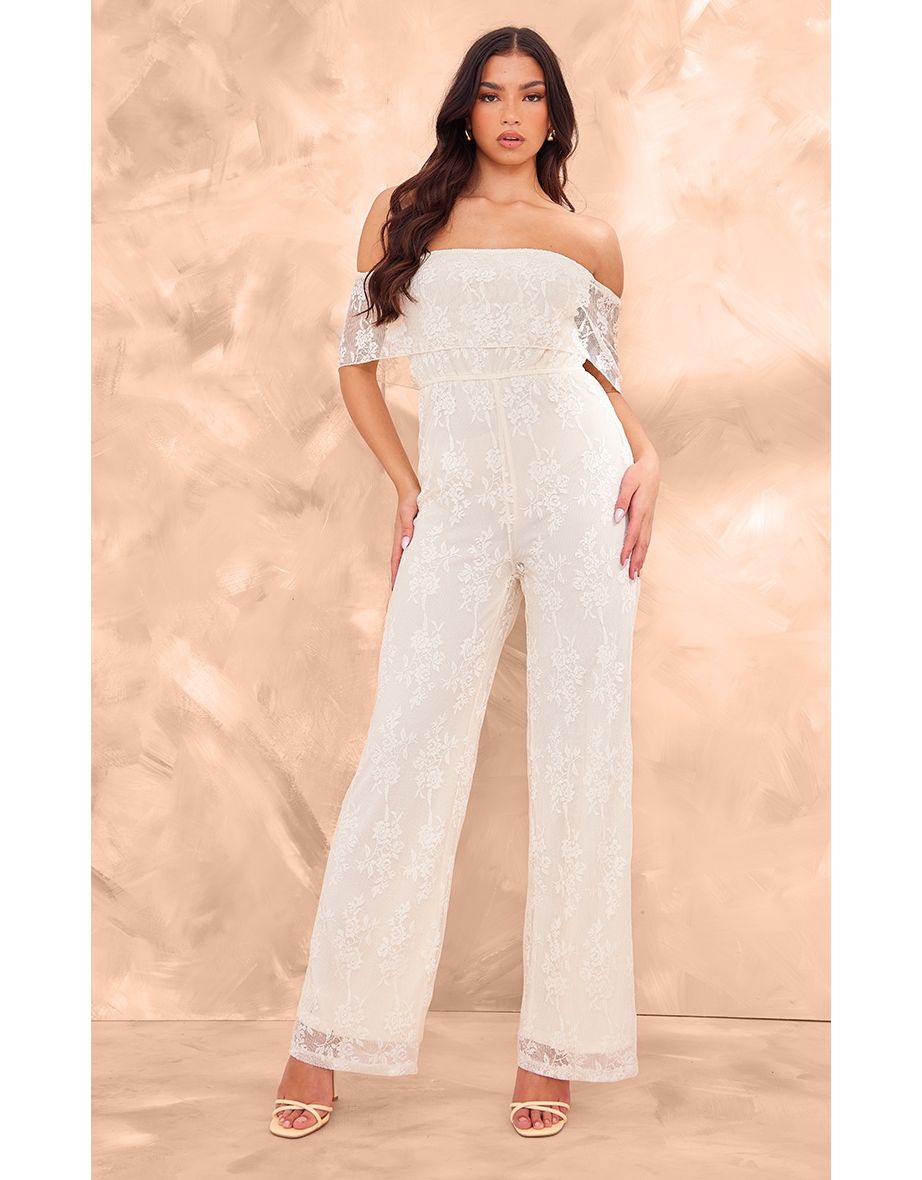 Butter Cream Shimmer Plisse Bardot Jumpsuit
