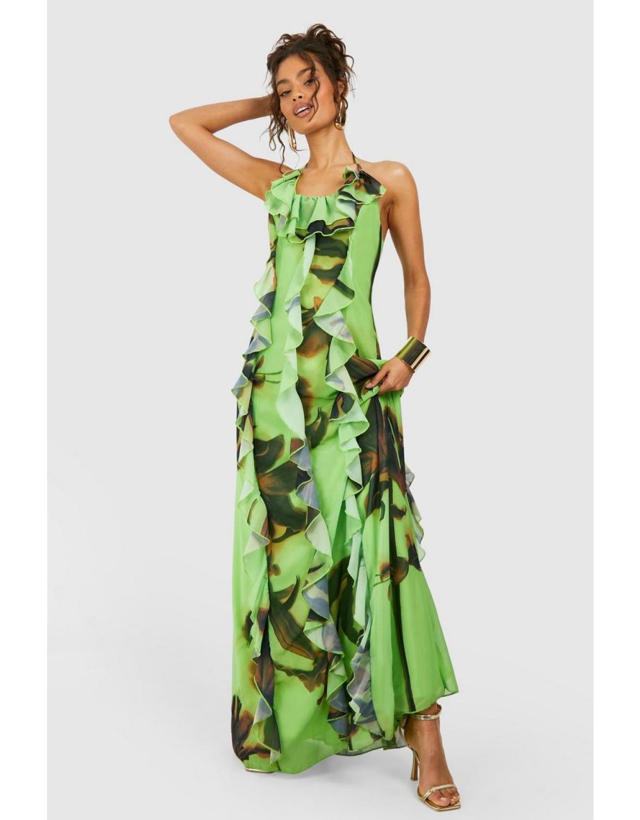 Printed Chiffon Ruffle Maxi Dress - green - 3