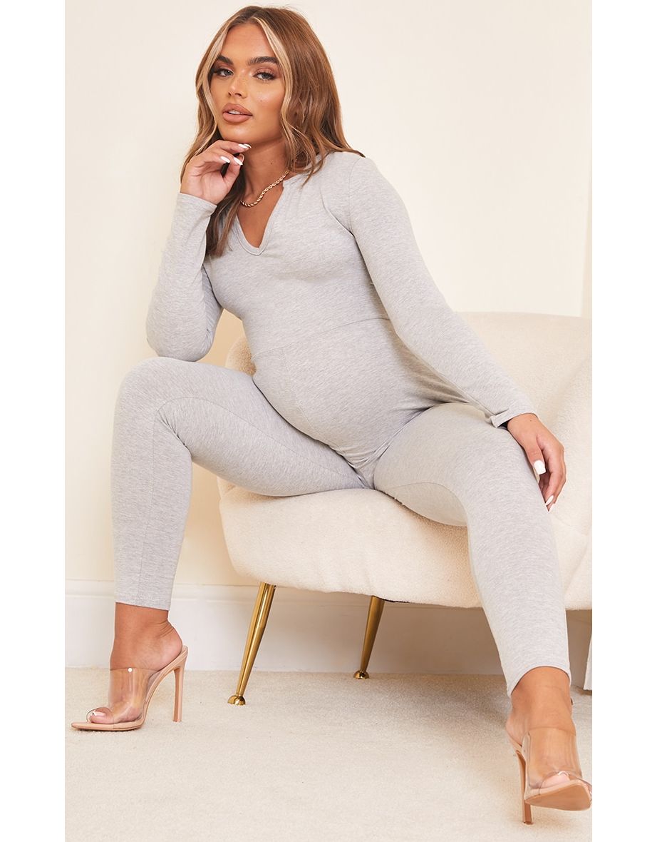 Maternity Grey Seamless Cotton Elastase V Neck Jumpsuit