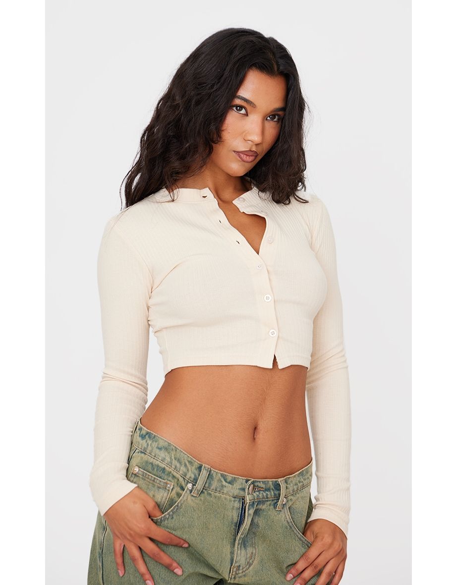 Cream Ribbed Button Down Detail Long Sleeve Top