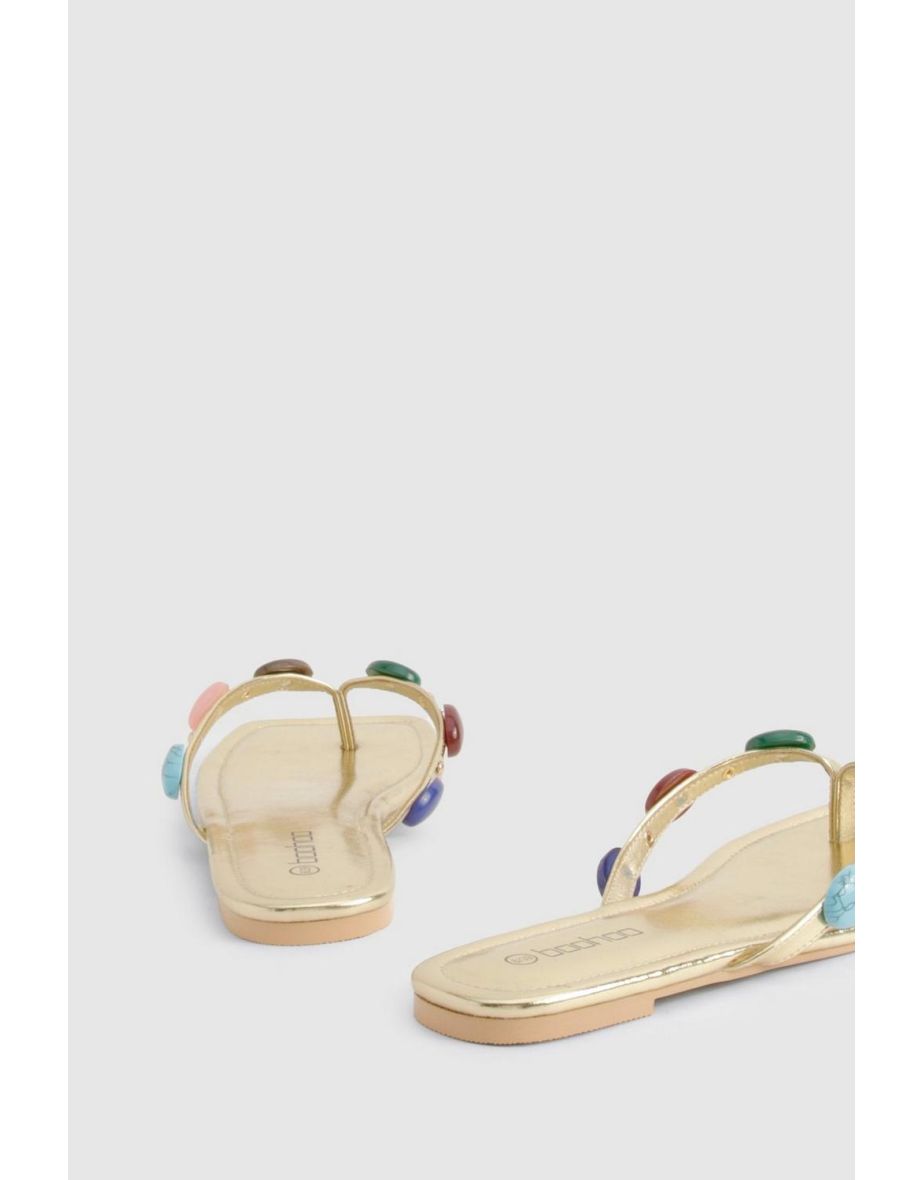 Beaded Detail Flip Flops - gold - 3