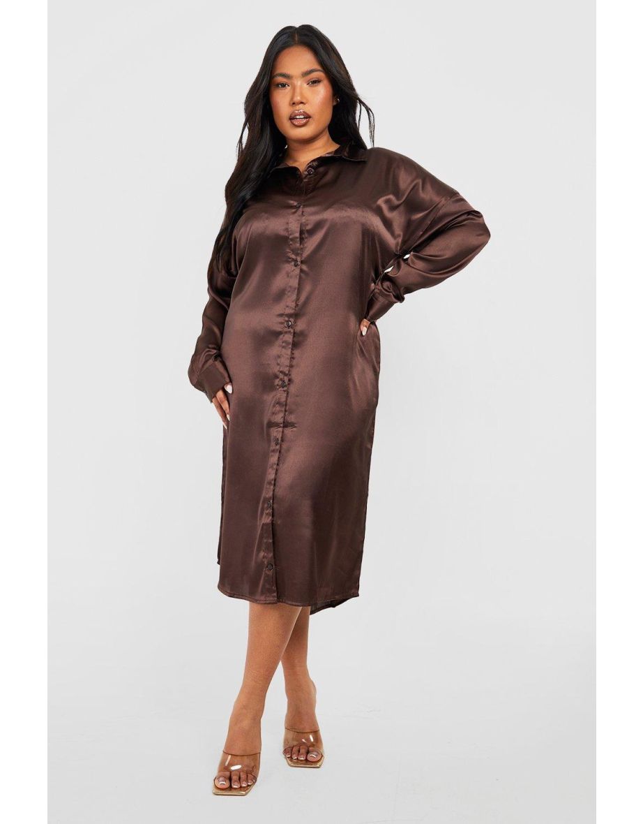 Plus Chocolate Brown Satin Shirt Dress