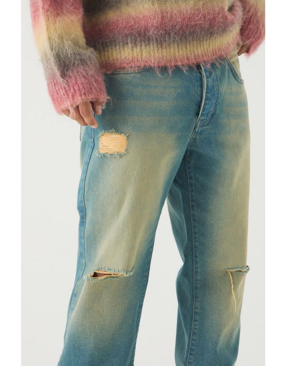Straight Leg Rigid Ripped Knee Distressed Jeans - antique blue - 2
