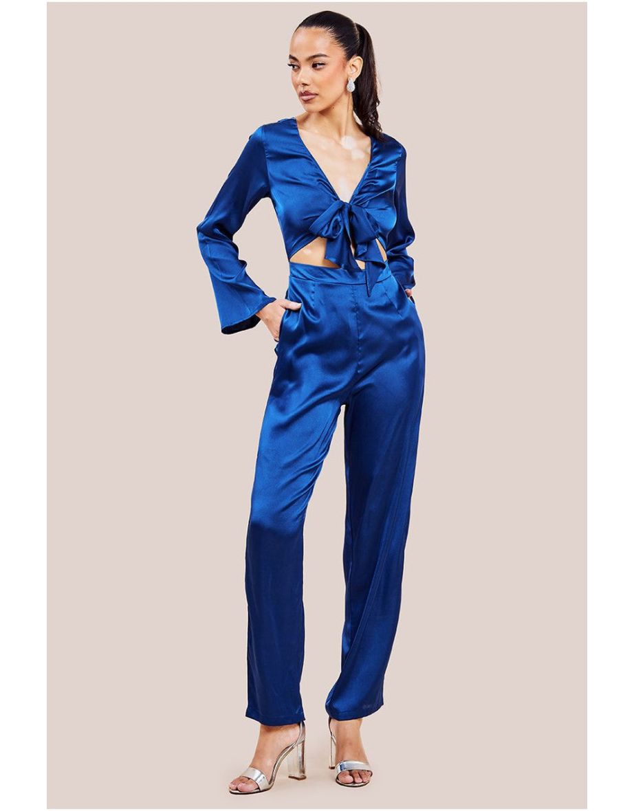 Goddiva Cut Out Satin Jumpsuit - Navy