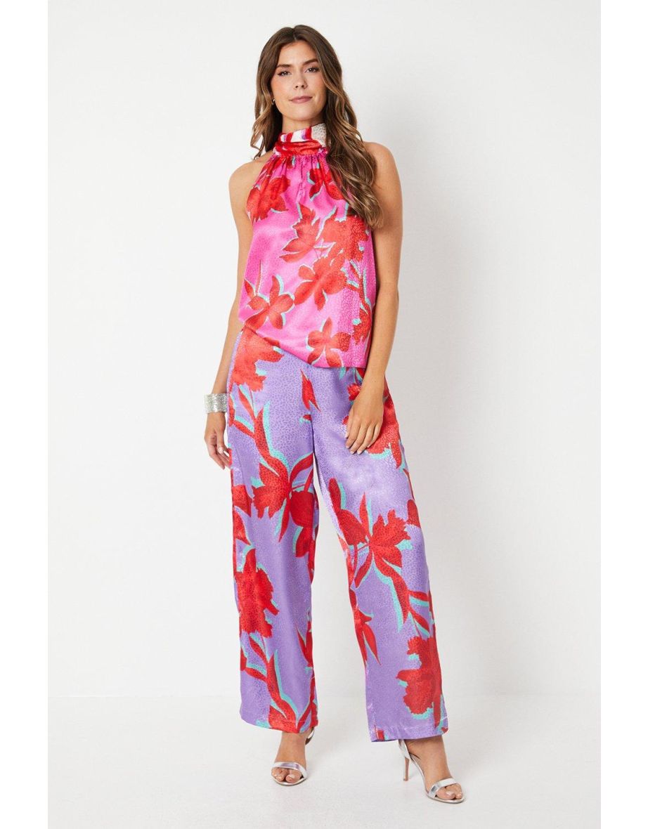 Floral Satin Jacquard Tie Neck Halter Top