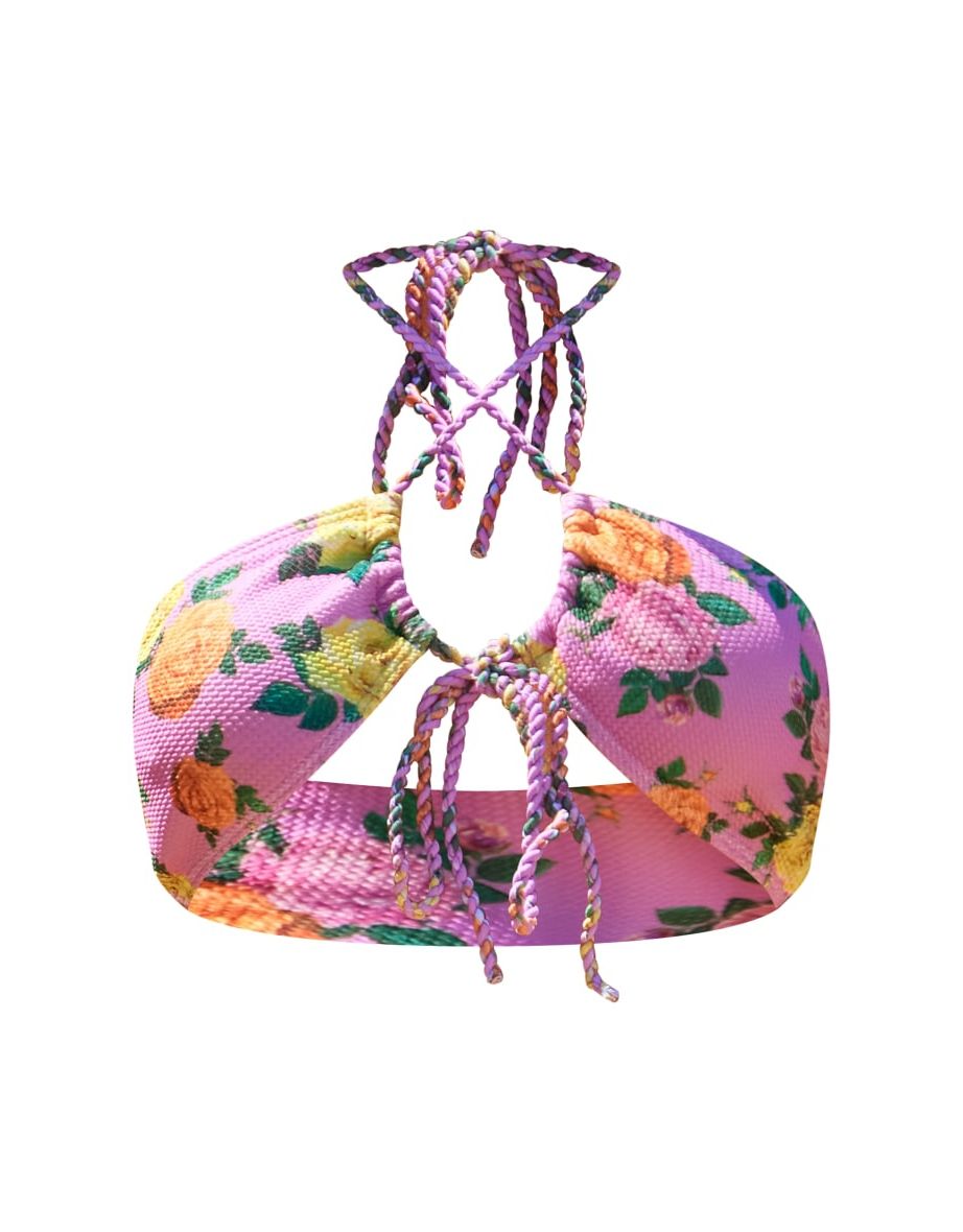 Pink Ditsy Floral Textured Cross Front Bikini Top - 3