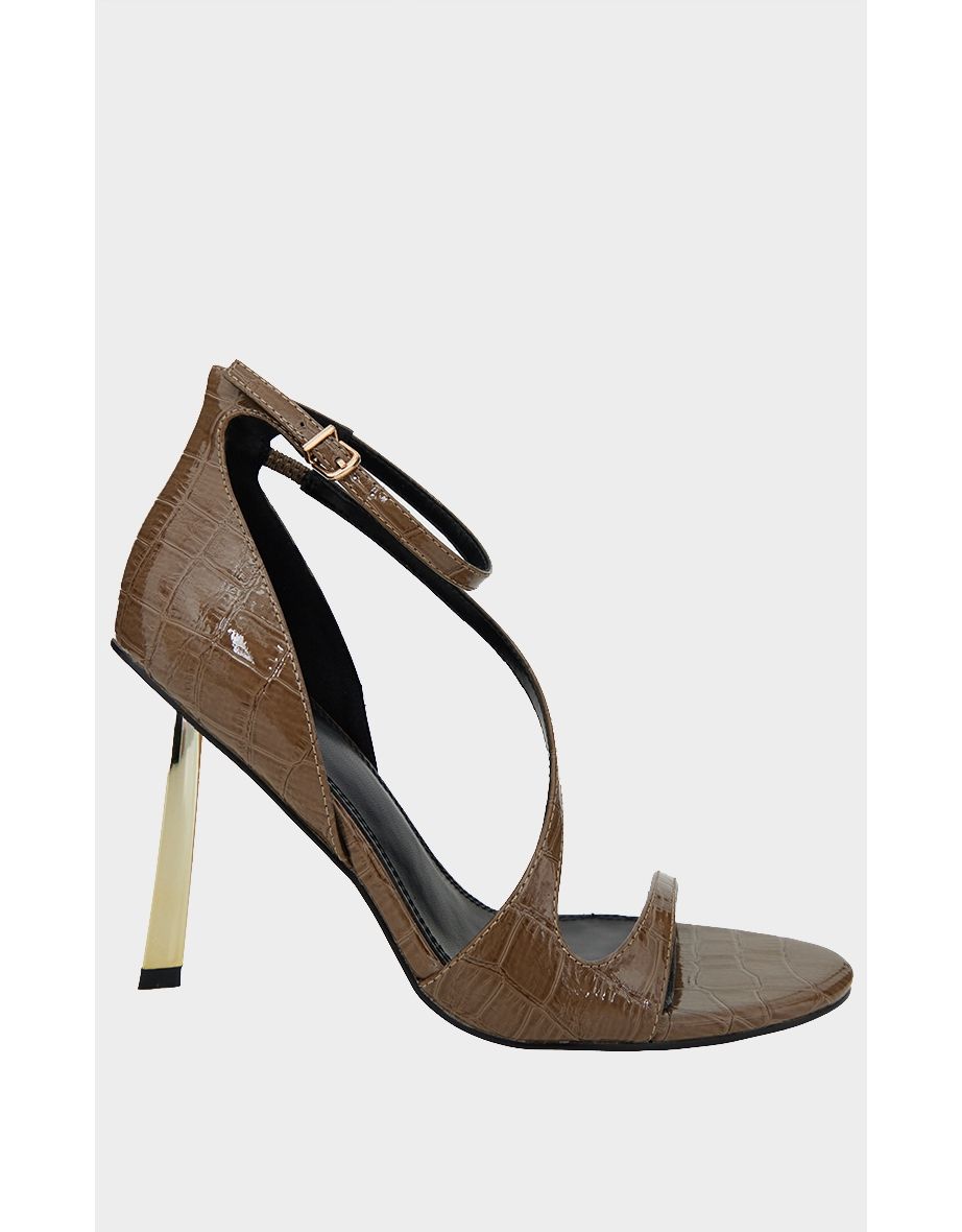 Olive Croc PU Asymmetric Strappy High Stiletto Heeled Sandals - 3
