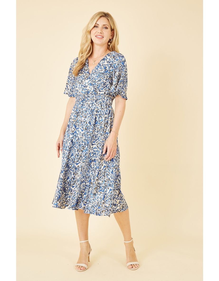 Yumi Blue Animal Print Wrap Midi Skater Dress - 4