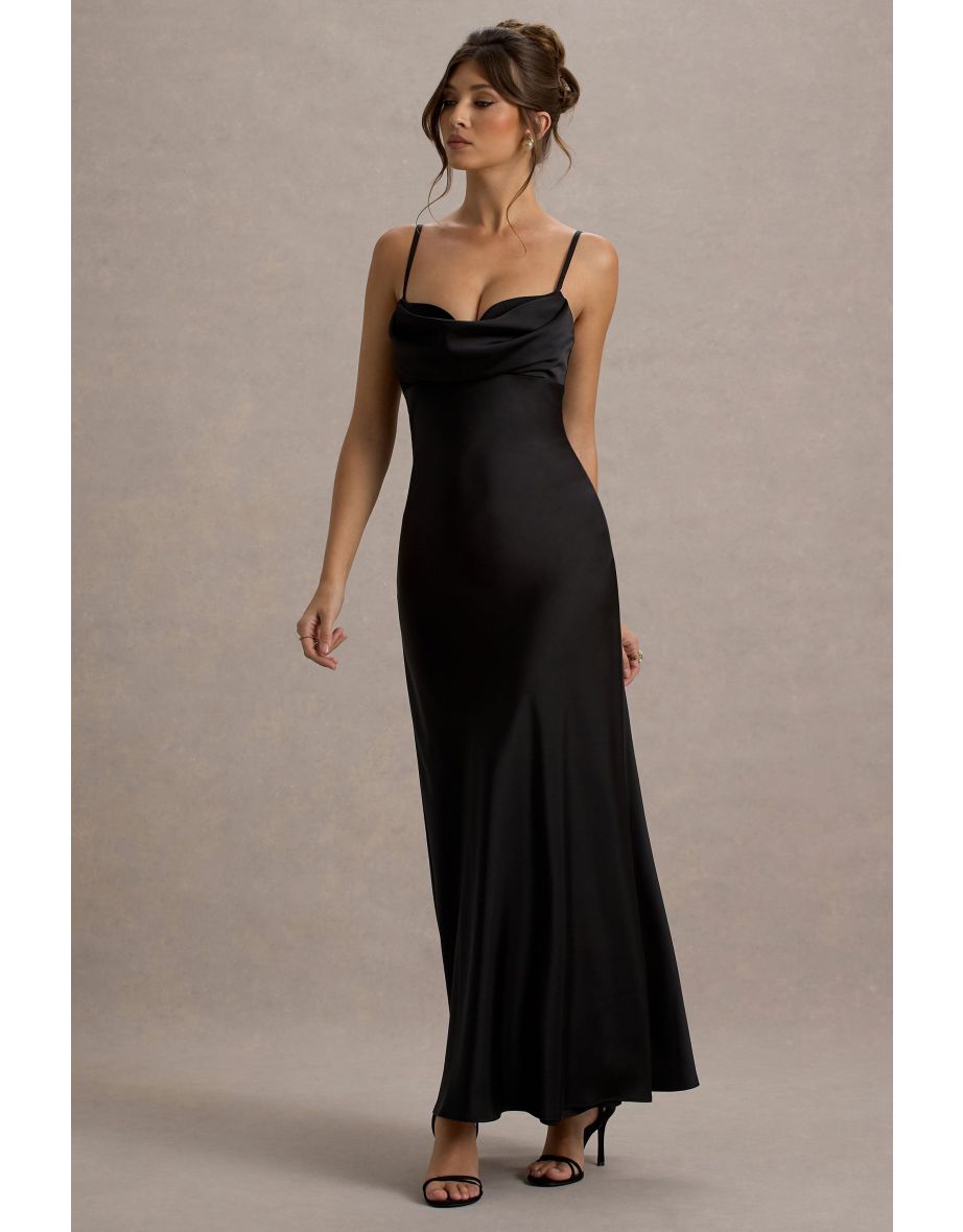Eimear | Black Satin Draped Sweetheart Maxi Dress - 10