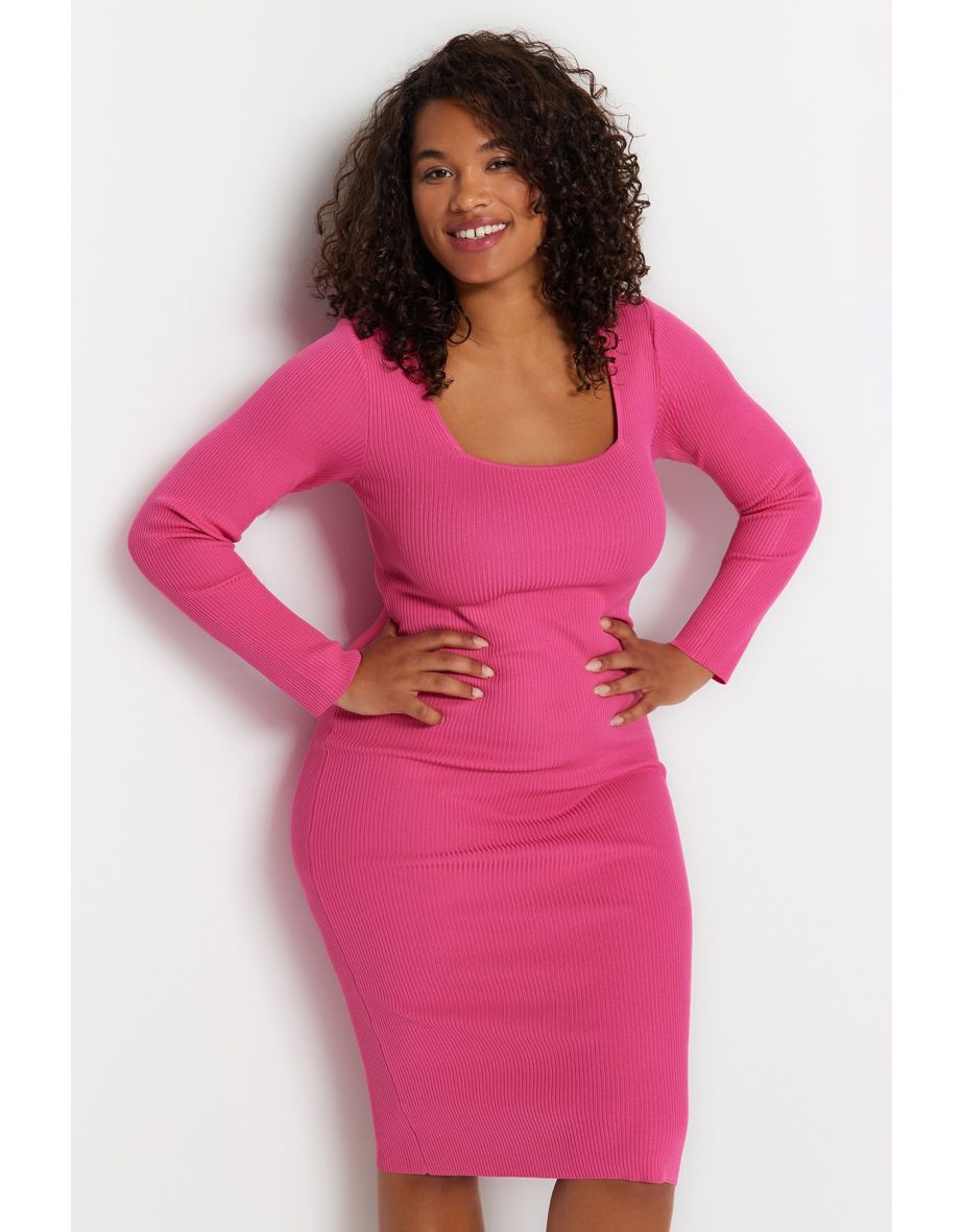 Pink Plus Bodycon Midi Dress with Long Sleeves