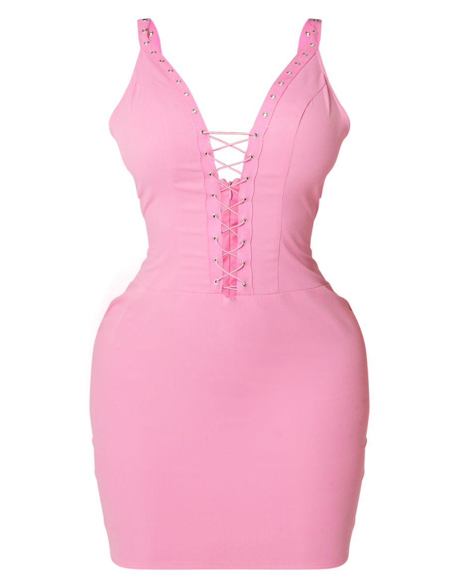 Shape Candy Pink Woven Lace Up Front Bodycon Dress - 4