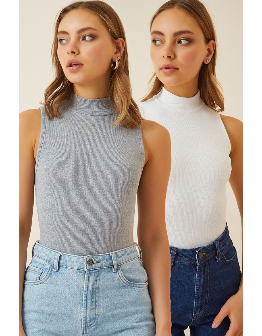 Women's Gray White Turtleneck Sleeveless 2-Pack Knitted Blouse