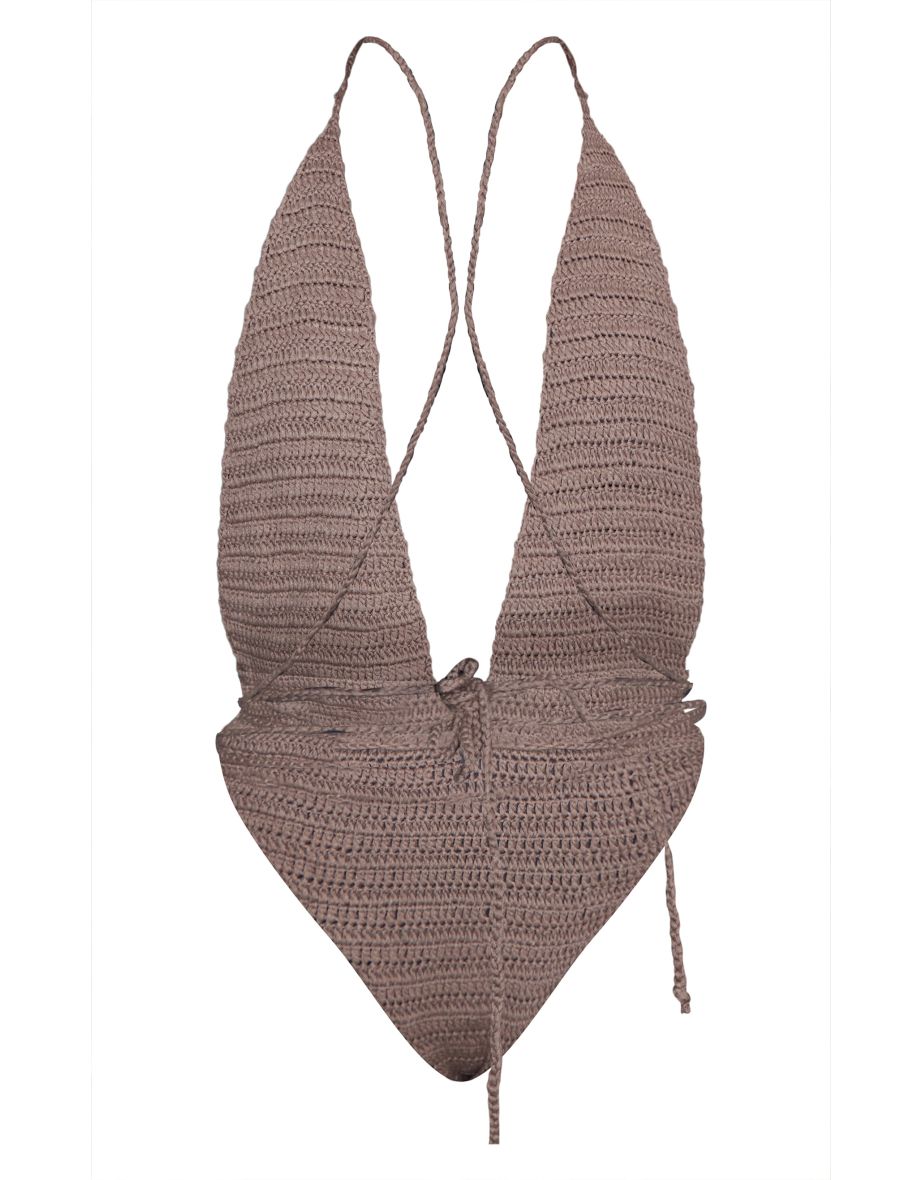 Taupe Crochet Wrap Detail Plunge Swimsuit - 5