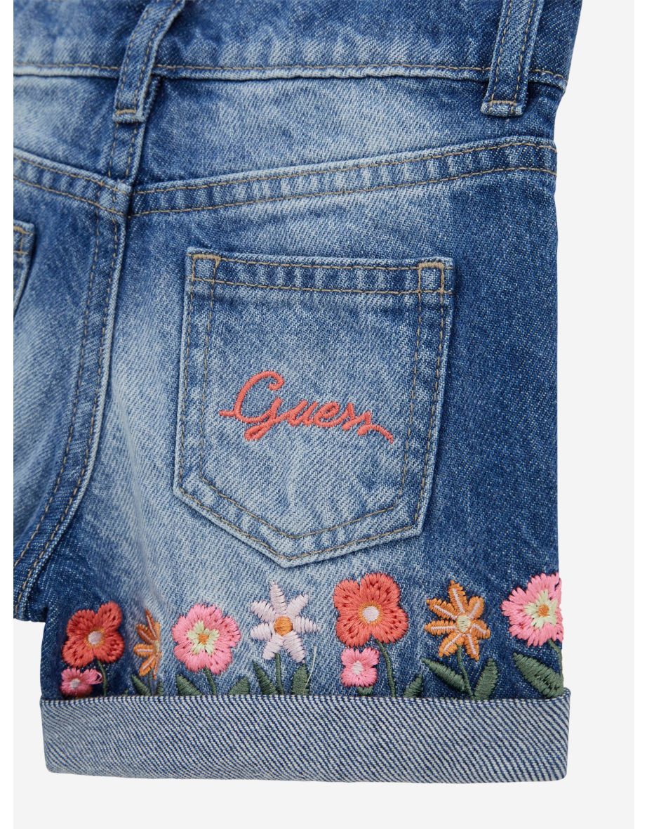 Girls Embroidered Flower Denim Shorts in Blue - 3