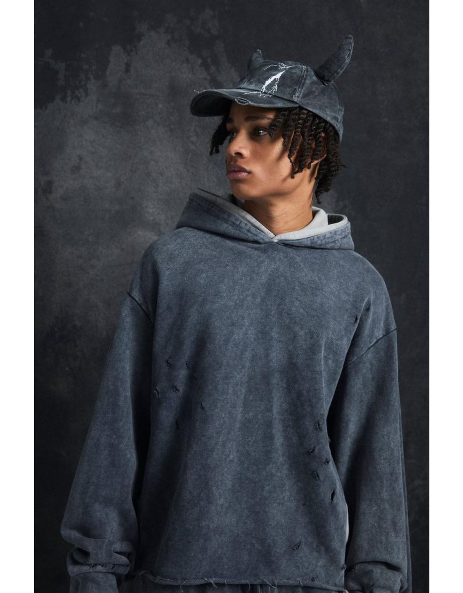 Trippie Redd Oversized Boxy Heavy Washed & Distressed Hoodie - black - 2