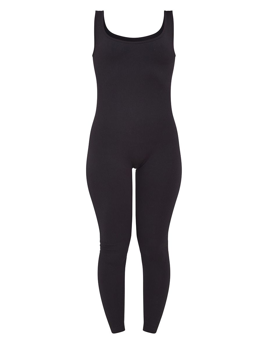 Black Structured Contour Ribbed Scoop Neck Jumpsuit - 4