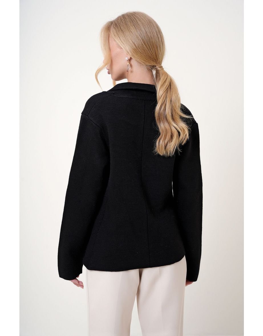 Women's Black Pearl Buttoned Stitch Detailed Woven Knitwear Jacket - 4
