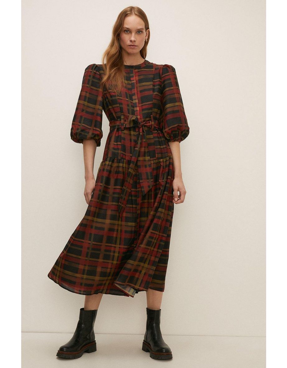 Check Puff Sleeve Midi Shirt Dress