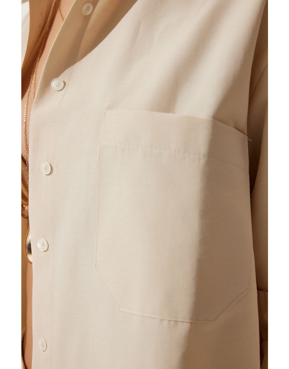 Women's Latte Single Pocket Boyfriend Poplin Shirt - 6