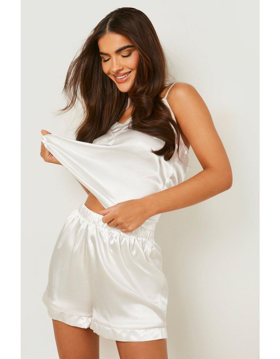 Satin Cami Pj Short Set With Contrast Piping - ivory - 3