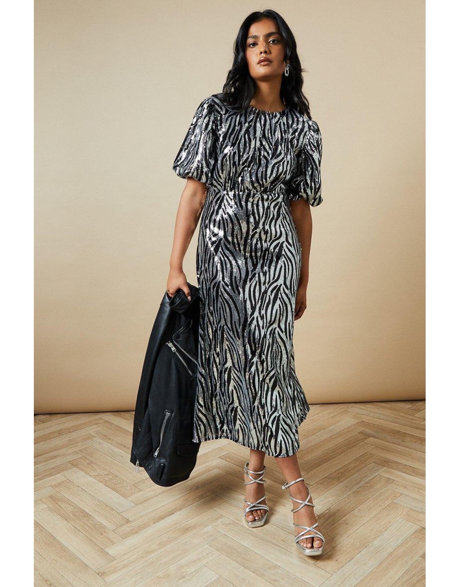 Occasion Zebra Sequin Puff Sleeve Midaxi Dress