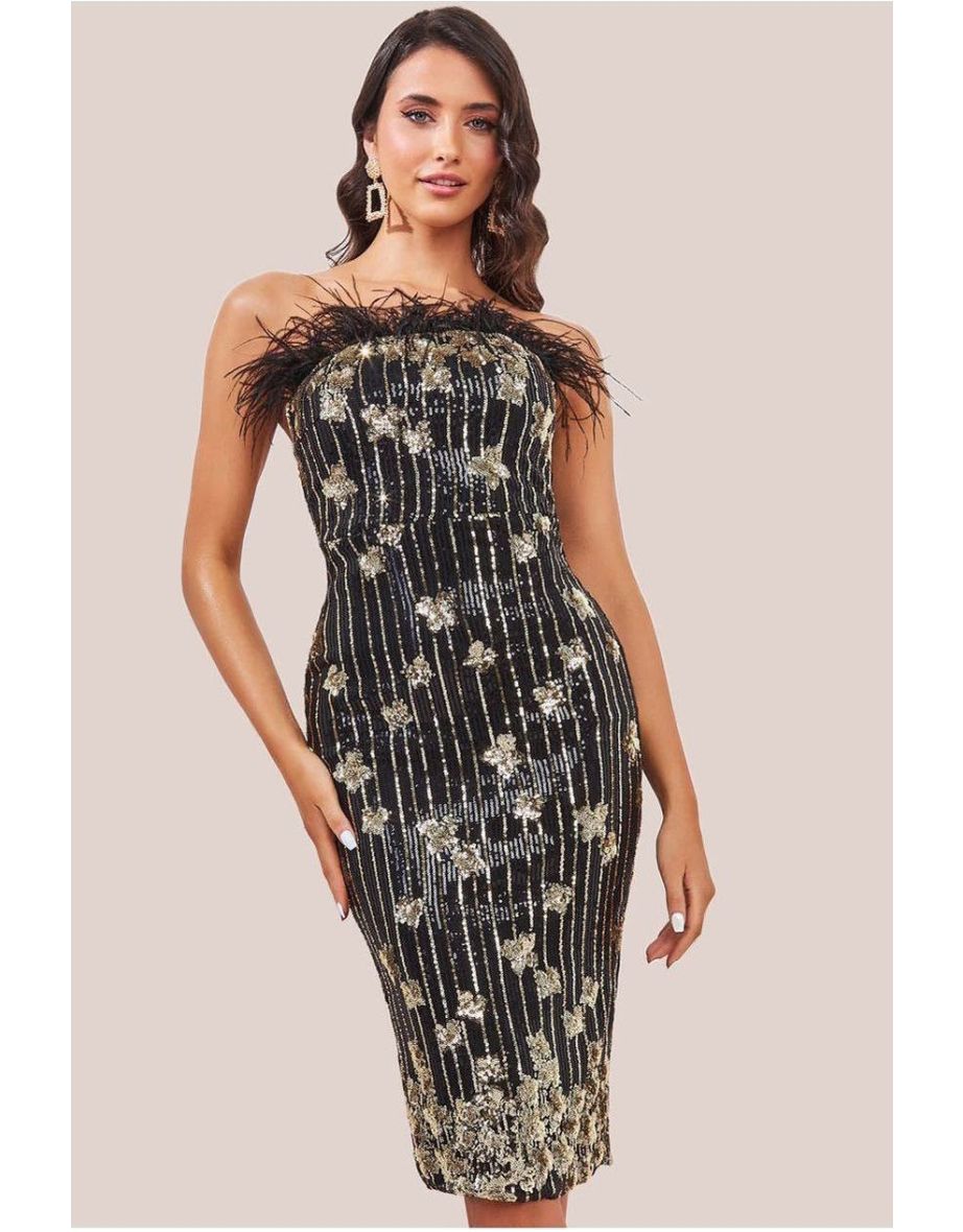 Goddiva Sequin And Feather Boobtube Midi - Black
