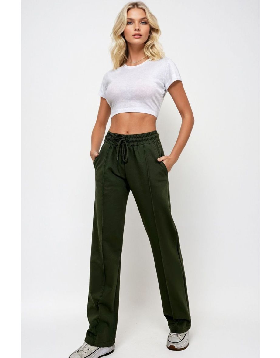 Women's Khaki High Waist Front Grass Wide Leg Double Pocket Jogger