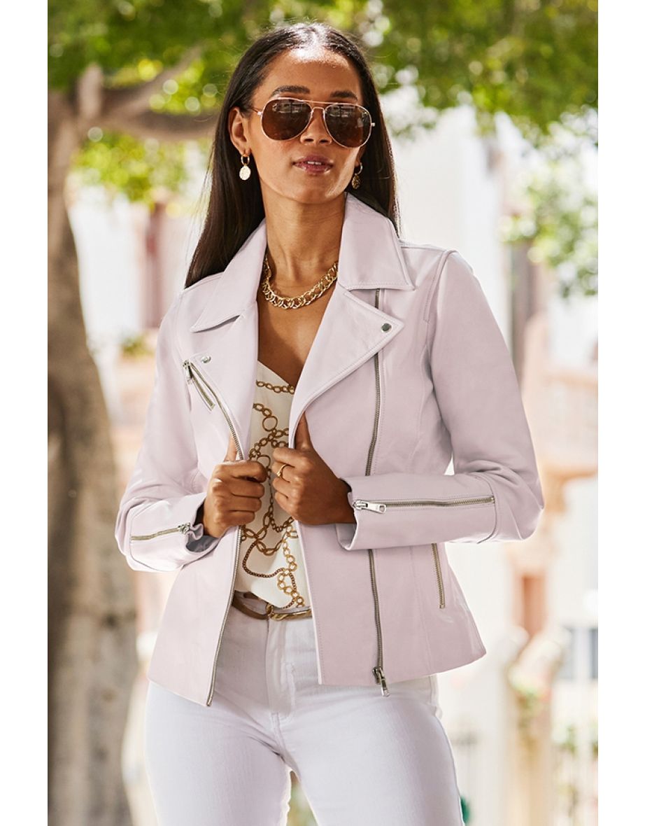 Soft Pink Leather Biker Jacket