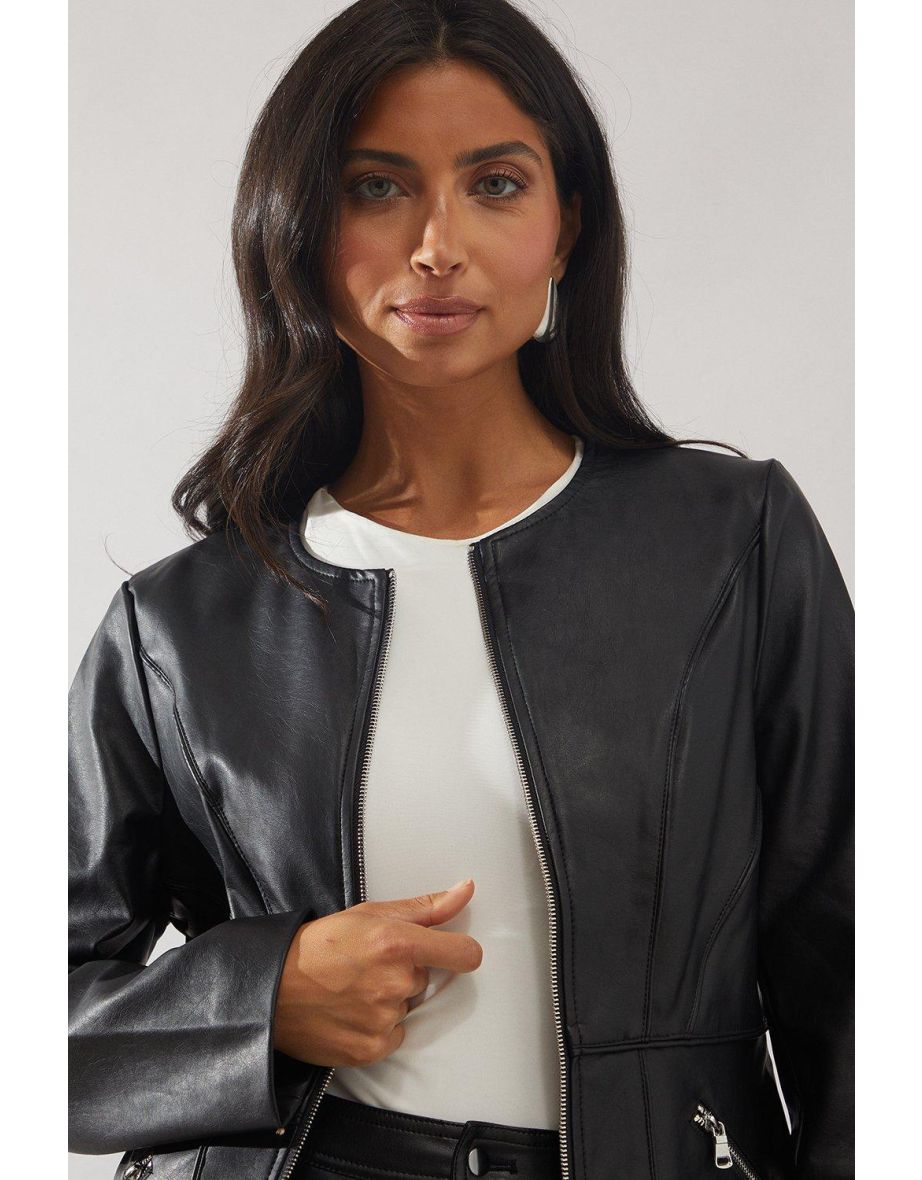 Black Faux Leather Collarless Seam Detail Jacket - 3