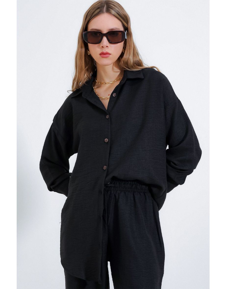 Women's Black Oversize Linen Bottom Top Set - 5