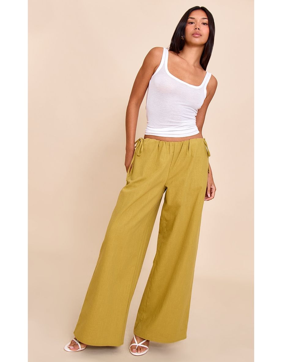 Olive Premium Linen Side Tie Detail Wide Leg Trousers
