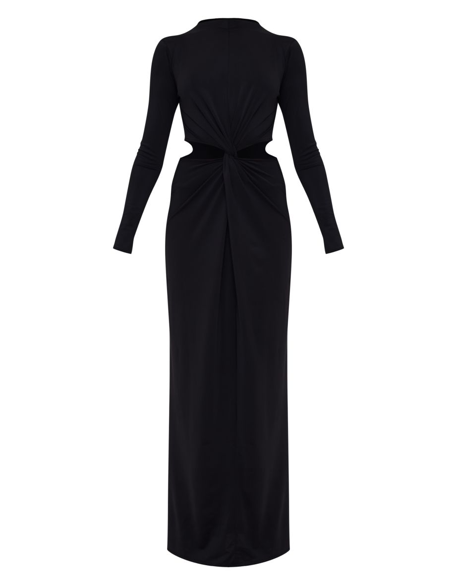 Black Matte Sculpt Cut Out Twist Long Sleeve Maxi Dress - 4