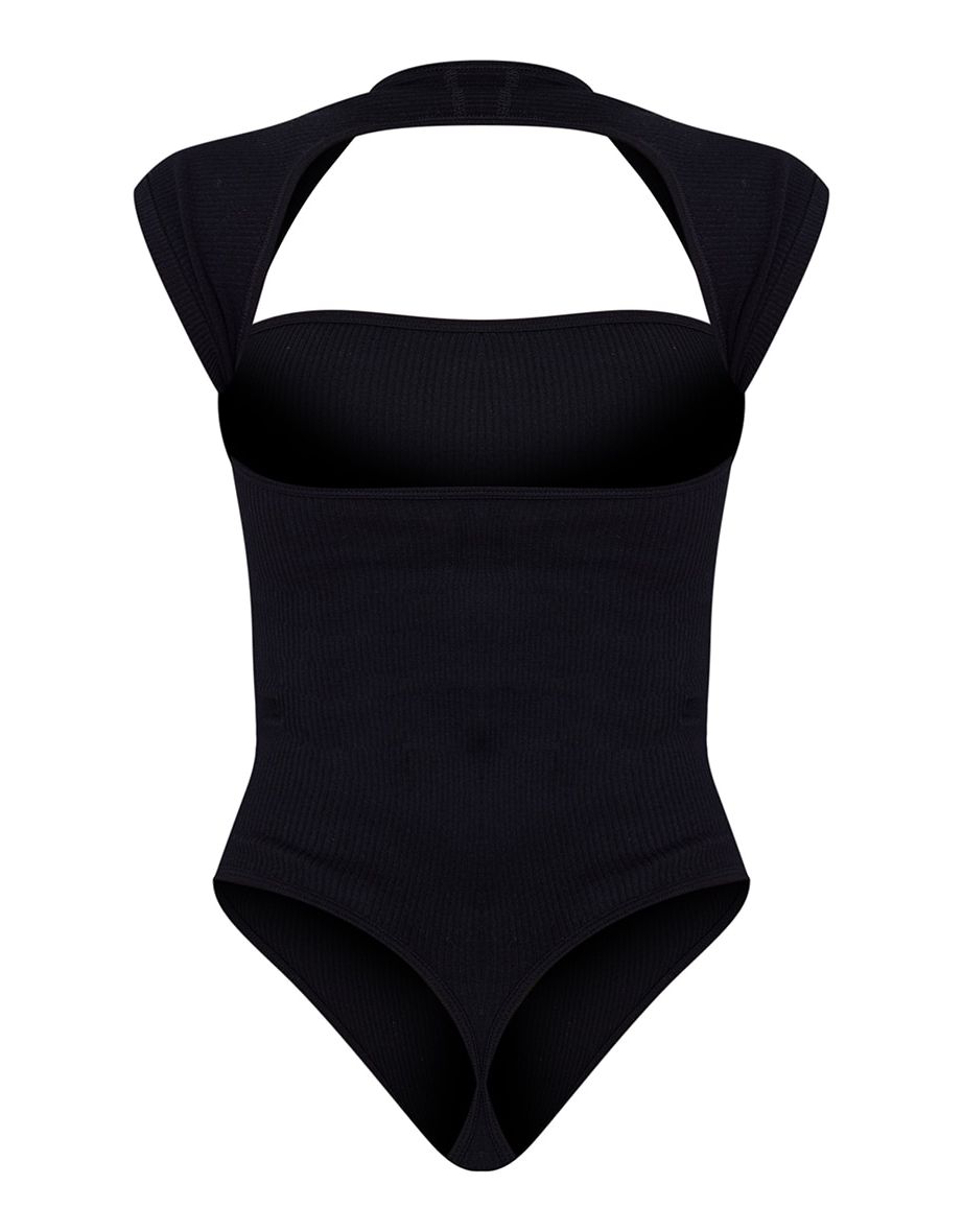 Black Contour Rib Cut Out Short Sleeve Bodysuit - 3