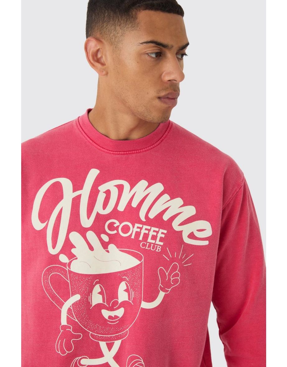 Homme Coffee Cartoon Graphic Washed Sweatshirt - 2