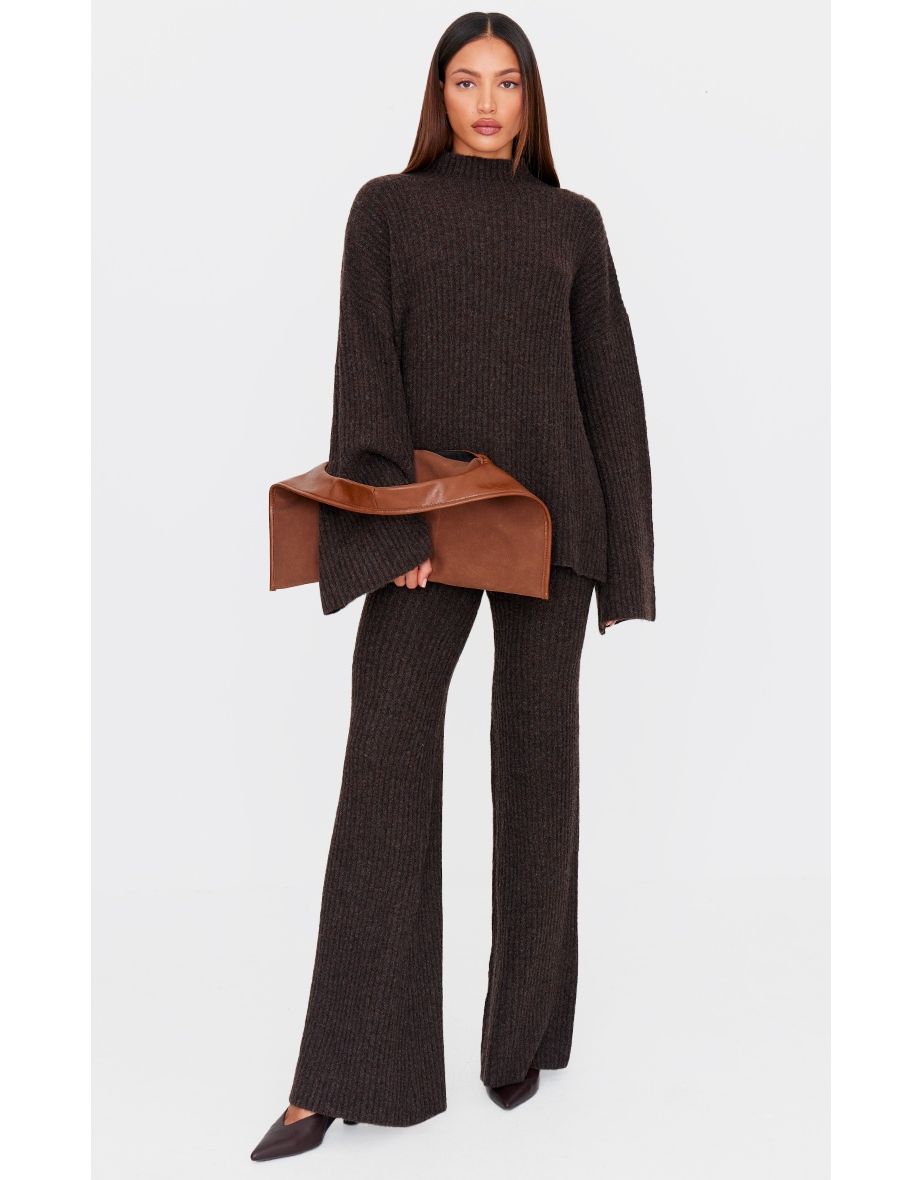 Tall Chocolate Luxe Rib Knit Wide Leg Trousers