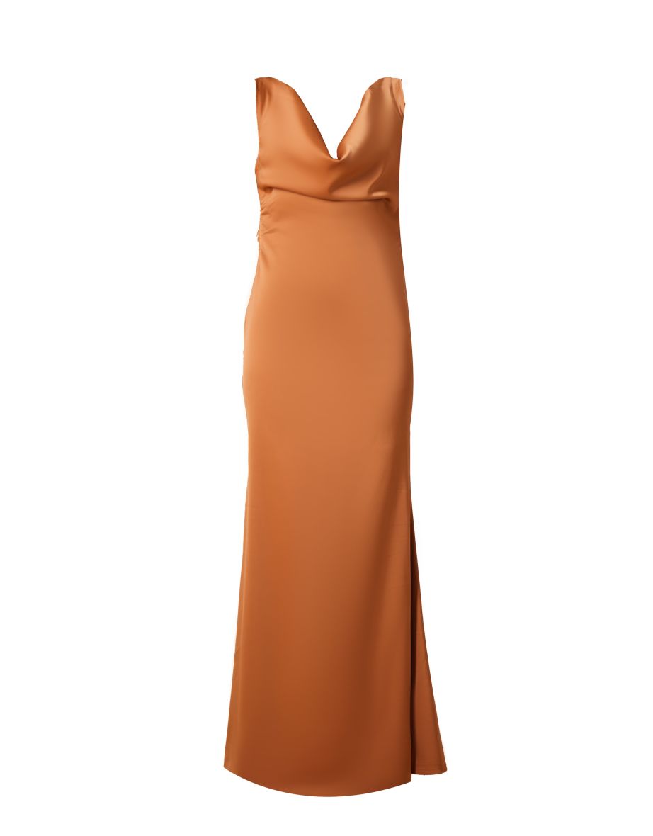 Copper Bridesmaid Satin Bandeau Cowl Back Maxi Dress - 4
