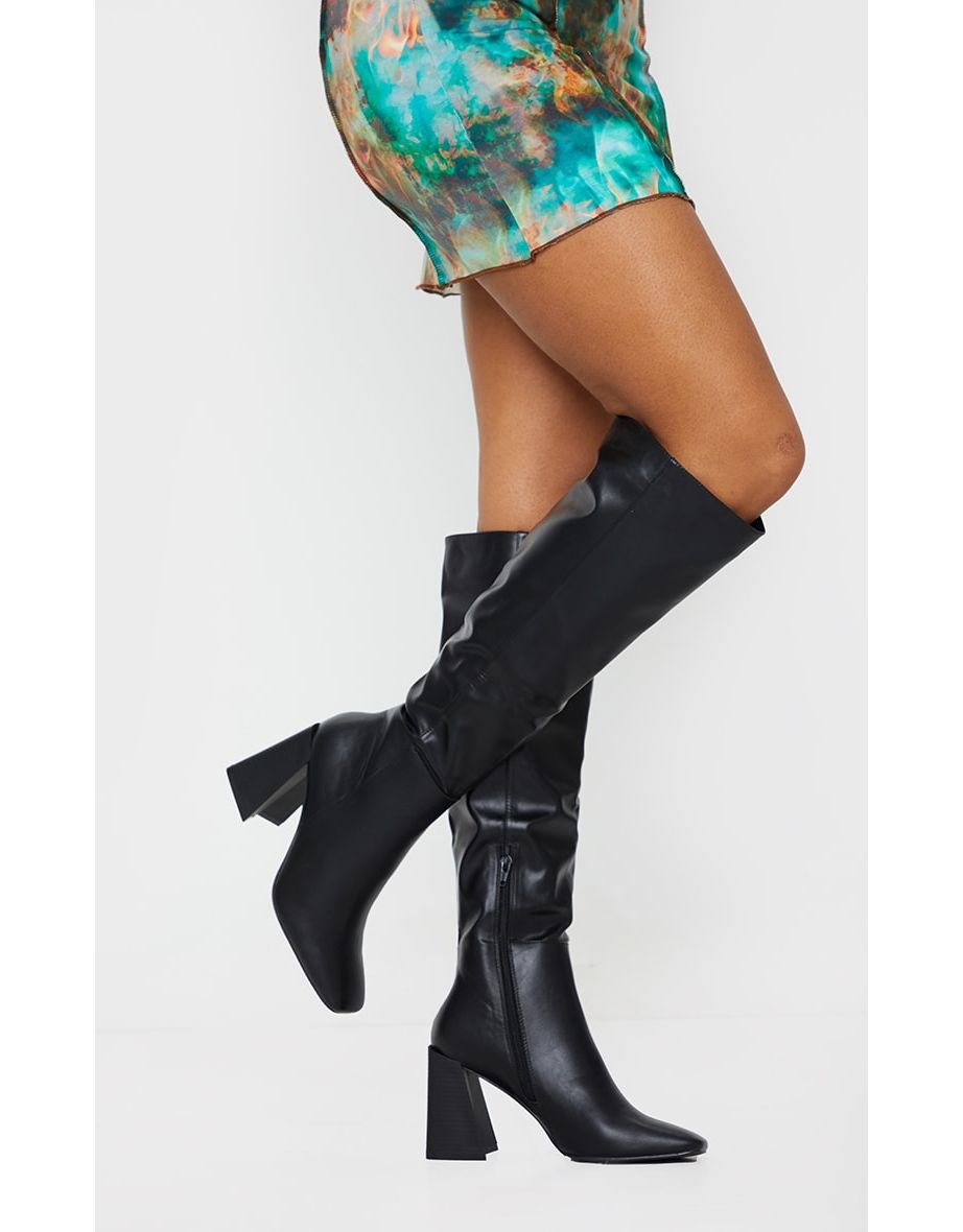 Black PU Flare Block Heel Square Toe Over Knee Boots
