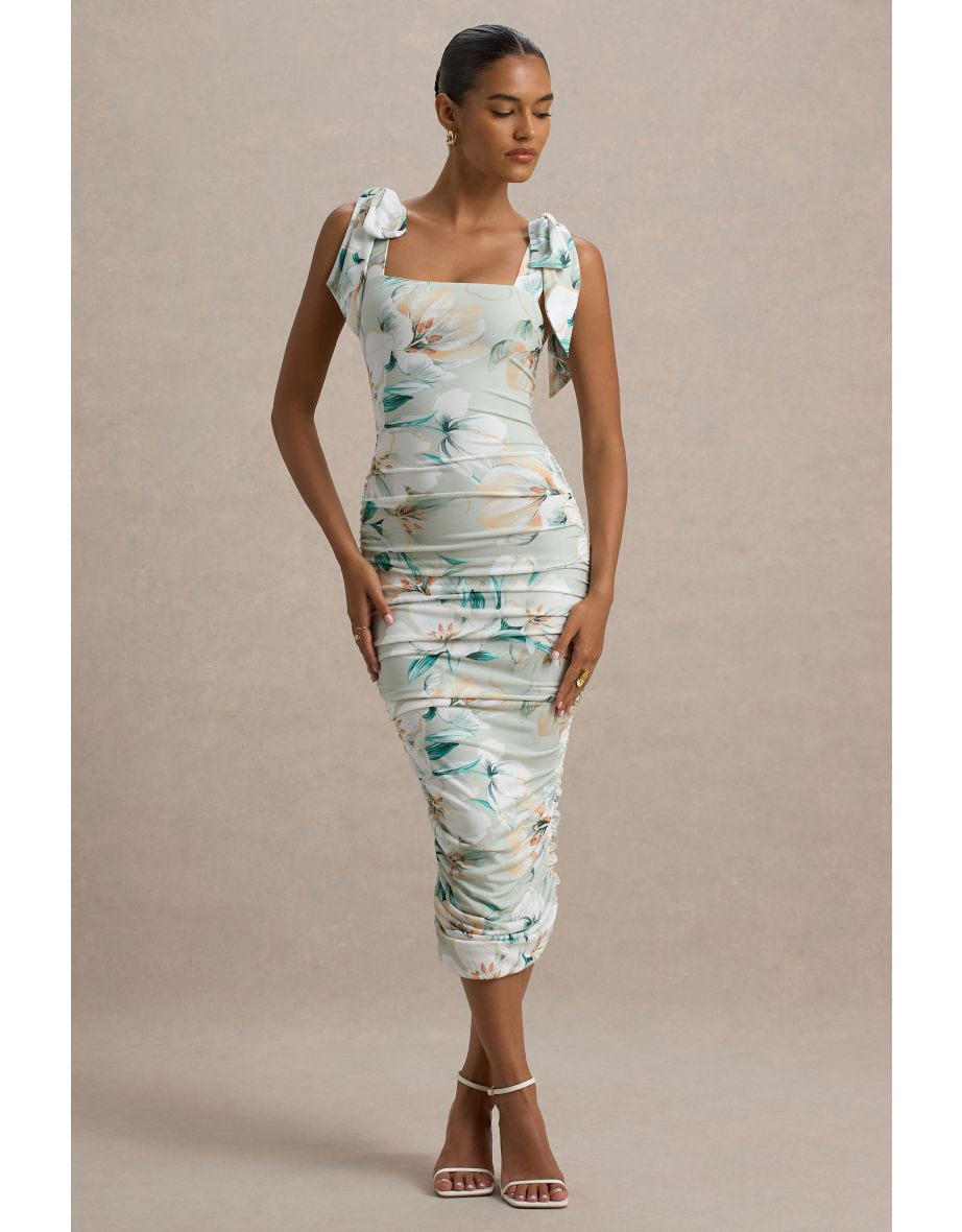 Cordelia | Green Floral Print Bodycon Midi Dress With Bow Straps