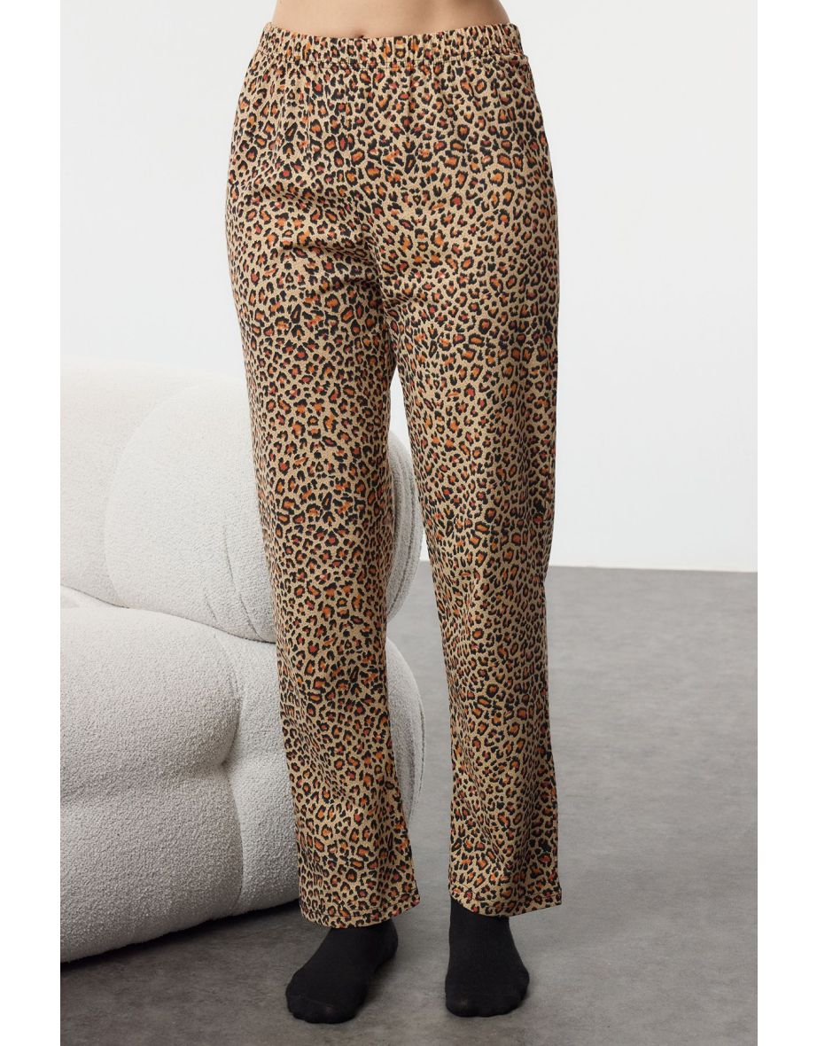 Brown Cotton Leopard Patterned Knitted Pajama Set - 4
