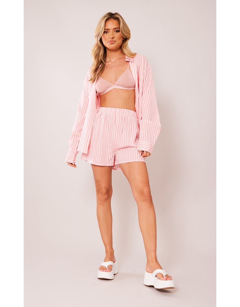 Prettylittlething Pink Striped Short Pj Set