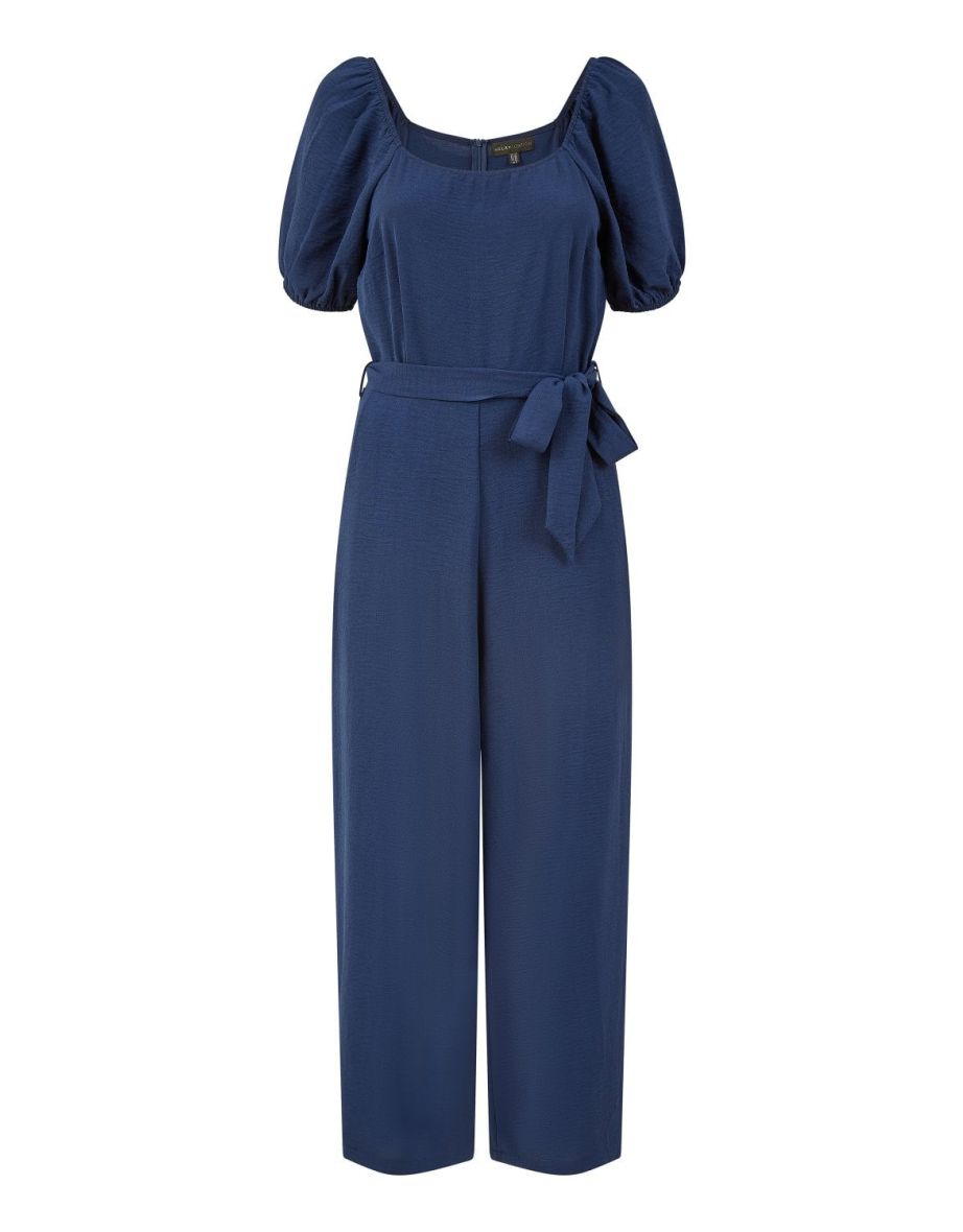 Mela Navy Square Neck Puff Sleeve Culotte Jumpsuit - 4