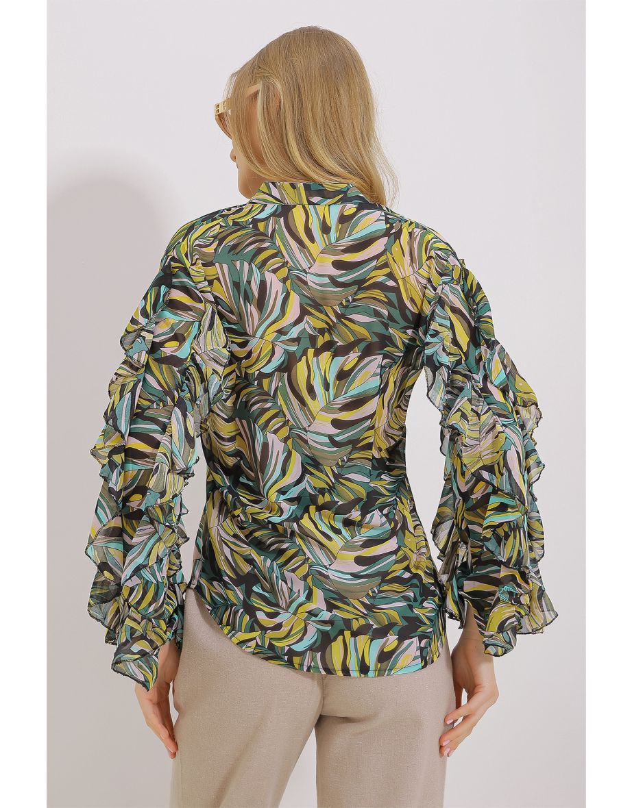 Women's Green Judge Collar Sleeves Flounce Patterned Chiffon Shirt - 6