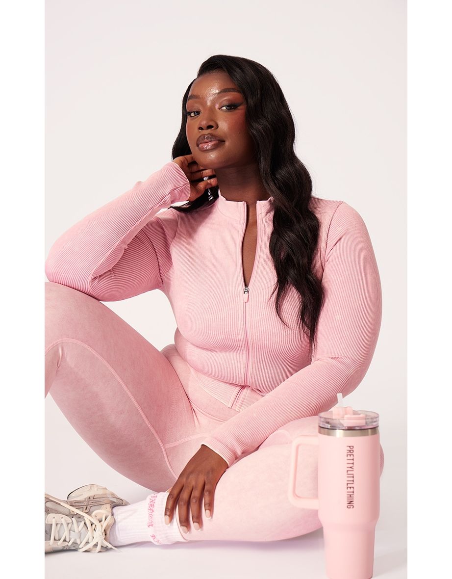 Shop PLT SPORT Plus Candy Pink Acid Wash Seamless Zip Up Cropped Sports Jacket Online in Bahrain VogaCloset